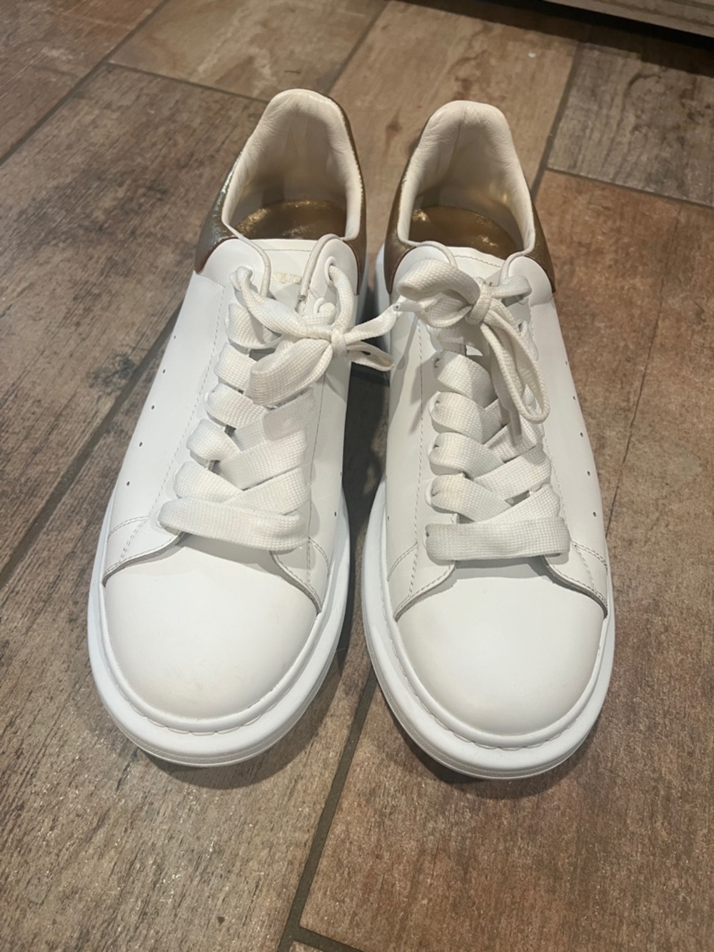 Alexander McQueen White Leather Sneakers with Metallic Gold Heel Accent